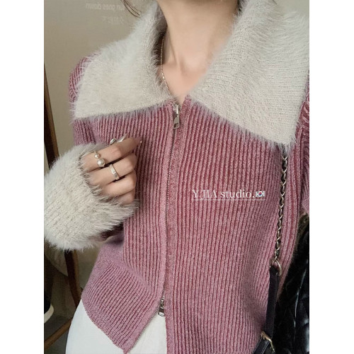 雙拉鍊翻領水貂絨袖口拼接毛衣外套女冬季短款高級感內搭針織開衫 雙拉鍊翻領水貂絨袖口拼接毛衣外套女冬季短款高級感內搭針織開衫