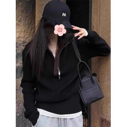 灰色半拉鍊高領毛衣打底衫女2025新款秋冬季內搭針織衫上衣設計感