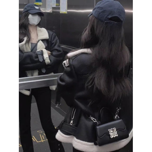黑色鹿皮絨羊羔毛女裝冬季加絨加厚小個子短款皮毛一體機車服外套 黑色鹿皮絨羊羔毛女裝冬季加絨加厚小個子短款皮毛一體機車服外套