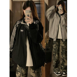 美式復古三條杠雙面穿外套男女春秋款ins潮牌寬松情侶夾克棒球服