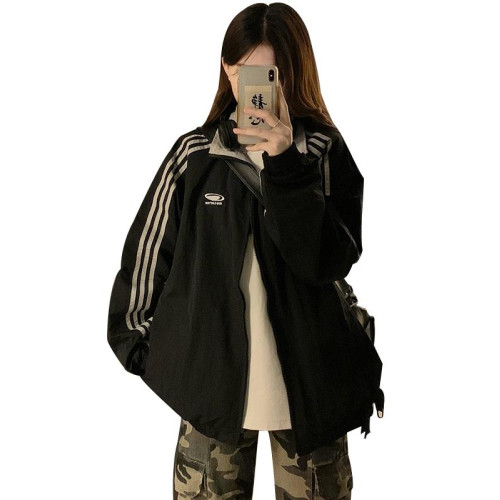 美式復古三條杠雙面穿外套男女春秋款ins潮牌寬松情侶夾克棒球服 美式復古三條杠雙面穿外套男女春秋款ins潮牌寬松情侶夾克棒球服