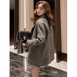 2025秋冬裝新款復古西裝領夾棉加厚毛呢外套中長款雙排釦呢大衣潮