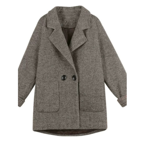 2025秋冬裝新款復古西裝領夾棉加厚毛呢外套中長款雙排釦呢大衣潮