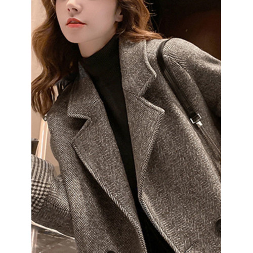 2025秋冬裝新款復古西裝領夾棉加厚毛呢外套中長款雙排釦呢大衣潮