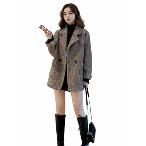 2025秋冬裝新款復古西裝領夾棉加厚毛呢外套中長款雙排釦呢大衣潮