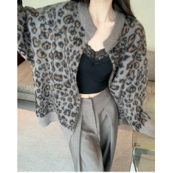 美式復古中長款豹紋毛衣外套女2024秋季新款針織開衫寬松長袖上衣