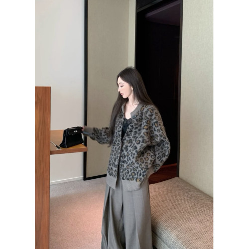 美式復古中長款豹紋毛衣外套女2024秋季新款針織開衫寬松長袖上衣 美式復古中長款豹紋毛衣外套女2024秋季新款針織開衫寬松長袖上衣