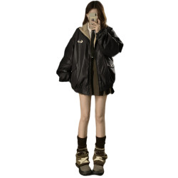 美拉德風pu皮衣兩面穿羊羔毛外套女冬季2025新款加絨加厚機車棉服