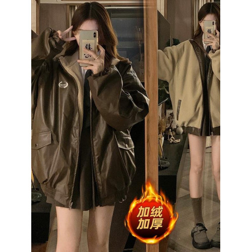 美拉德風pu皮衣兩面穿羊羔毛外套女冬季2025新款加絨加厚機車棉服 美拉德風pu皮衣兩面穿羊羔毛外套女冬季2025新款加絨加厚機車棉服