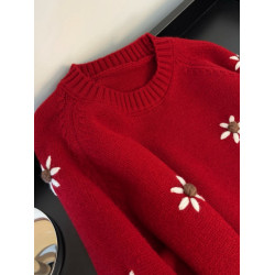 紅色花朵刺綉正肩毛衣女2025冬大碼胖mm遮肚子針織衫洋氣減齡上衣