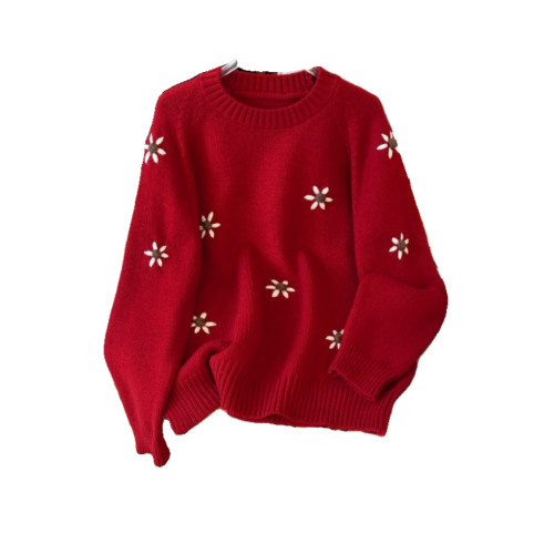紅色花朵刺綉正肩毛衣女2025冬大碼胖mm遮肚子針織衫洋氣減齡上衣 紅色花朵刺綉正肩毛衣女2025冬大碼胖mm遮肚子針織衫洋氣減齡上衣