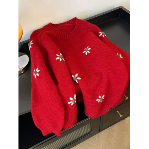 紅色花朵刺綉正肩毛衣女2025冬大碼胖mm遮肚子針織衫洋氣減齡上衣 紅色花朵刺綉正肩毛衣女2025冬大碼胖mm遮肚子針織衫洋氣減齡上衣