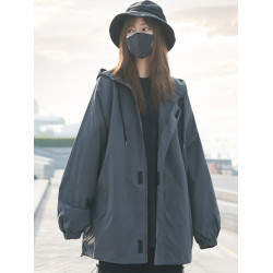 灰色日系機能風春秋薄外套女寬松bf中性工裝夾克鹽系風格穿搭炸街