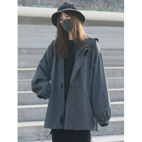 灰色日系機能風春秋薄外套女寬松bf中性工裝夾克鹽系風格穿搭炸街