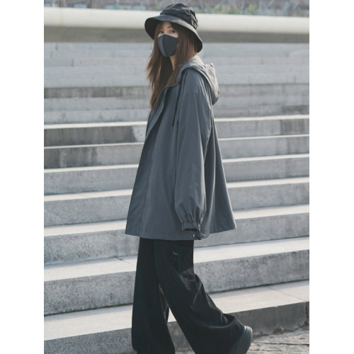 灰色日系機能風春秋薄外套女寬松bf中性工裝夾克鹽系風格穿搭炸街