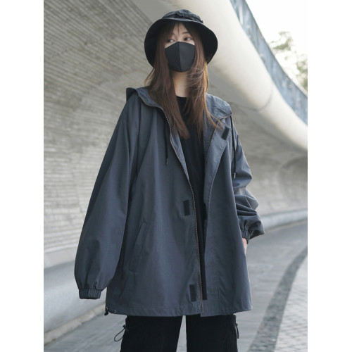 灰色日系機能風春秋薄外套女寬松bf中性工裝夾克鹽系風格穿搭炸街