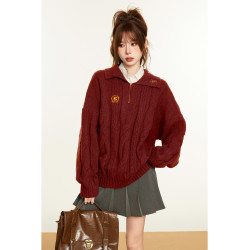 新年紅色半拉鍊麻花套頭毛衣女秋冬季高級感慵懶風加厚翻領針織衫