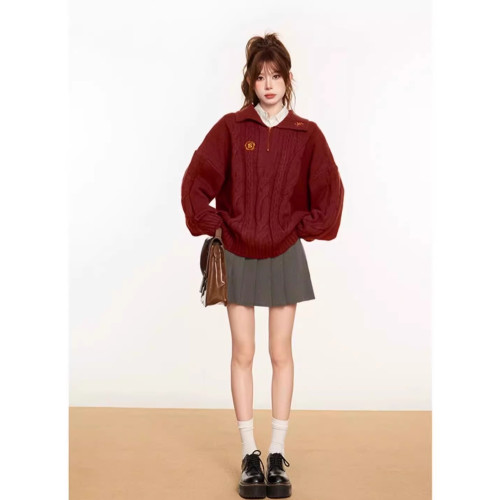 新年紅色半拉鍊麻花套頭毛衣女秋冬季高級感慵懶風加厚翻領針織衫 新年紅色半拉鍊麻花套頭毛衣女秋冬季高級感慵懶風加厚翻領針織衫