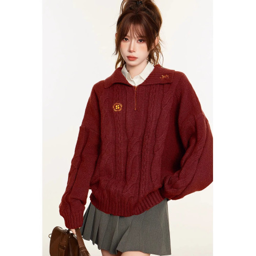 新年紅色半拉鍊麻花套頭毛衣女秋冬季高級感慵懶風加厚翻領針織衫 新年紅色半拉鍊麻花套頭毛衣女秋冬季高級感慵懶風加厚翻領針織衫