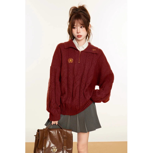新年紅色半拉鍊麻花套頭毛衣女秋冬季高級感慵懶風加厚翻領針織衫 新年紅色半拉鍊麻花套頭毛衣女秋冬季高級感慵懶風加厚翻領針織衫