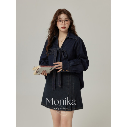 大碼胖mm復古系帶牛仔襯衫女2025秋新款設計感小衆寬鬆長袖上衣