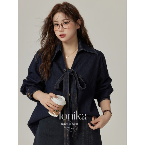 大碼胖mm復古系帶牛仔襯衫女2025秋新款設計感小衆寬鬆長袖上衣