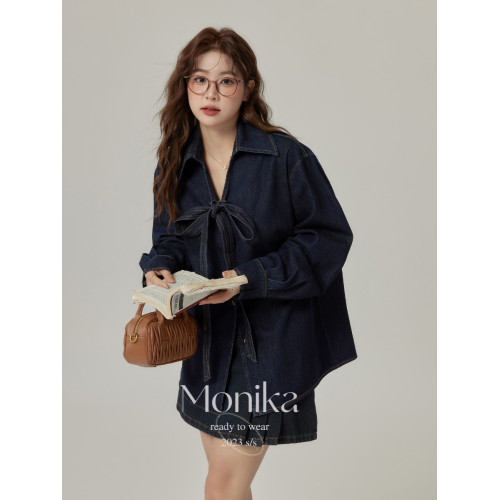 大碼胖mm復古系帶牛仔襯衫女2025秋新款設計感小衆寬鬆長袖上衣