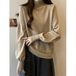 高級感黑色毛衣女秋冬半高領針織打底衫內搭慵懶風寬松燈籠袖上衣