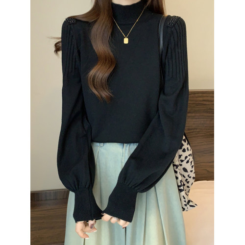 高級感黑色毛衣女秋冬半高領針織打底衫內搭慵懶風寬松燈籠袖上衣 高級感黑色毛衣女秋冬半高領針織打底衫內搭慵懶風寬松燈籠袖上衣