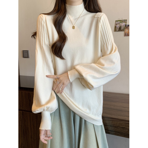 高級感黑色毛衣女秋冬半高領針織打底衫內搭慵懶風寬松燈籠袖上衣 高級感黑色毛衣女秋冬半高領針織打底衫內搭慵懶風寬松燈籠袖上衣