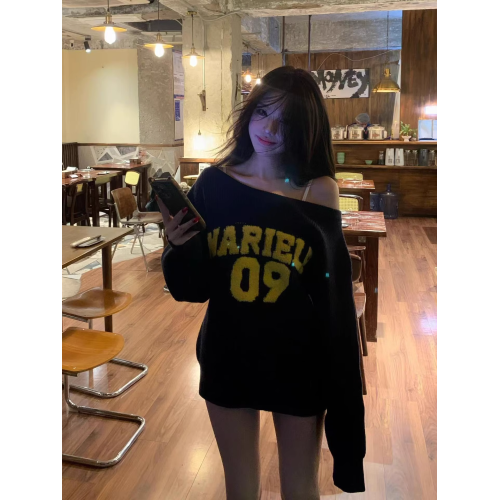 美式甜酷風字母斜肩毛衣女早秋季寬松純欲休閒復古打底針織衫上衣 美式甜酷風字母斜肩毛衣女早秋季寬松純欲休閒復古打底針織衫上衣