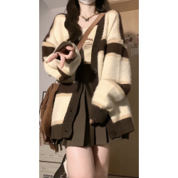 大碼胖MM復古v領撞色條紋馬海毛衣女秋冬外穿奶fufu寬松開衫外套