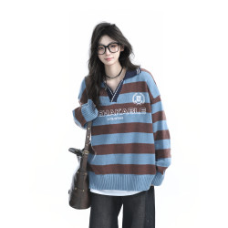 【坐吃山空】美式復古學院風條紋V領針織衫女春季慵懶風學生毛衣