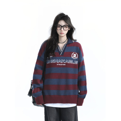 【坐吃山空】美式復古學院風條紋V領針織衫女春季慵懶風學生毛衣 【坐吃山空】美式復古學院風條紋V領針織衫女春季慵懶風學生毛衣