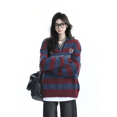 【坐吃山空】美式復古學院風條紋V領針織衫女春季慵懶風學生毛衣 【坐吃山空】美式復古學院風條紋V領針織衫女春季慵懶風學生毛衣