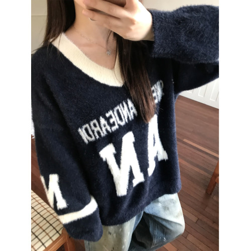 ANDEARDI 撞色v領絨感字母休閒時尚寬松潮牌長袖套頭毛衣春秋季女 ANDEARDI 撞色v領絨感字母休閒時尚寬松潮牌長袖套頭毛衣春秋季女