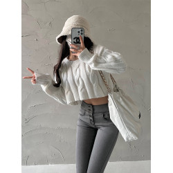 YoungGirlDay美式復古圓領寬松顯瘦短款露臍麻花針織衫長袖毛衣女