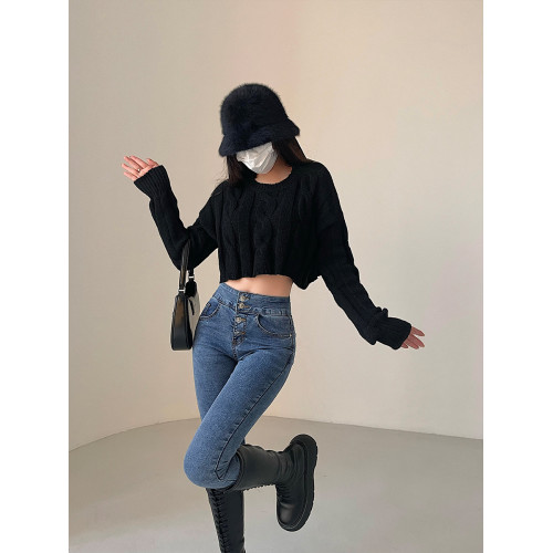 YoungGirlDay美式復古圓領寬松顯瘦短款露臍麻花針織衫長袖毛衣女 YoungGirlDay美式復古圓領寬松顯瘦短款露臍麻花針織衫長袖毛衣女