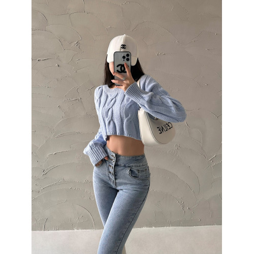 YoungGirlDay美式復古圓領寬松顯瘦短款露臍麻花針織衫長袖毛衣女 YoungGirlDay美式復古圓領寬松顯瘦短款露臍麻花針織衫長袖毛衣女