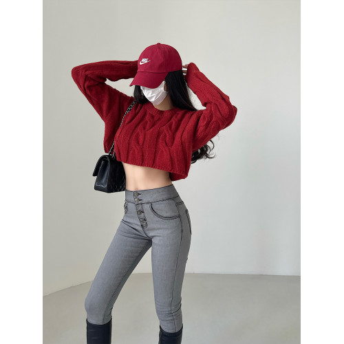 YoungGirlDay美式復古圓領寬松顯瘦短款露臍麻花針織衫長袖毛衣女 YoungGirlDay美式復古圓領寬松顯瘦短款露臍麻花針織衫長袖毛衣女