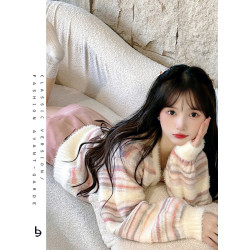 軟糯甜美多巴胺彩虹撞色開衫毛衣女短款奶粉色小個子減齡針織外套