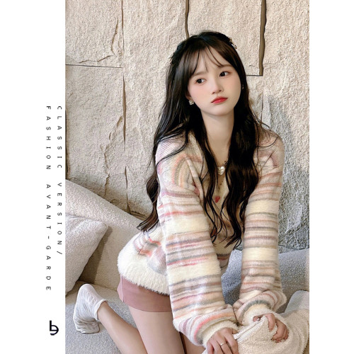 軟糯甜美多巴胺彩虹撞色開衫毛衣女短款奶粉色小個子減齡針織外套 軟糯甜美多巴胺彩虹撞色開衫毛衣女短款奶粉色小個子減齡針織外套