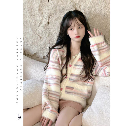 軟糯甜美多巴胺彩虹撞色開衫毛衣女短款奶粉色小個子減齡針織外套 軟糯甜美多巴胺彩虹撞色開衫毛衣女短款奶粉色小個子減齡針織外套