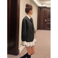 學院風復古撞色假兩件高級感連衣裙女秋季寬松顯瘦遮肉荷葉邊短裙