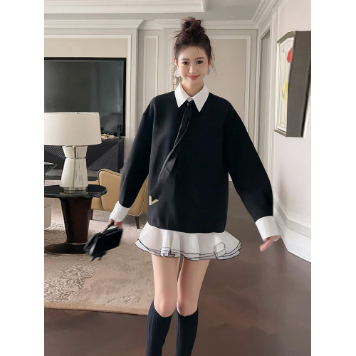 學院風復古撞色假兩件高級感連衣裙女秋季寬松顯瘦遮肉荷葉邊短裙 學院風復古撞色假兩件高級感連衣裙女秋季寬松顯瘦遮肉荷葉邊短裙