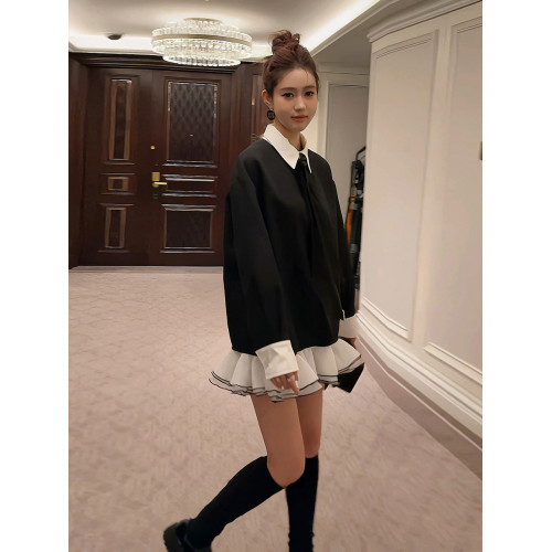 學院風復古撞色假兩件高級感連衣裙女秋季寬松顯瘦遮肉荷葉邊短裙 學院風復古撞色假兩件高級感連衣裙女秋季寬松顯瘦遮肉荷葉邊短裙