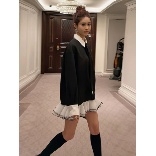 學院風復古撞色假兩件高級感連衣裙女秋季寬松顯瘦遮肉荷葉邊短裙 學院風復古撞色假兩件高級感連衣裙女秋季寬松顯瘦遮肉荷葉邊短裙