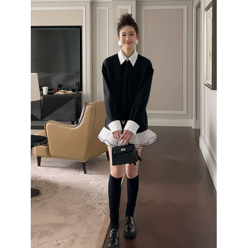 學院風復古撞色假兩件高級感連衣裙女秋季寬松顯瘦遮肉荷葉邊短裙 學院風復古撞色假兩件高級感連衣裙女秋季寬松顯瘦遮肉荷葉邊短裙