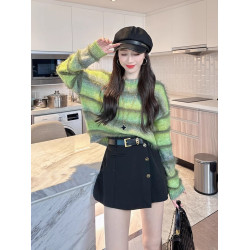 漸變撞色條紋短款毛衣女秋冬季2023新款套頭寬松慵懶風針織衫上衣