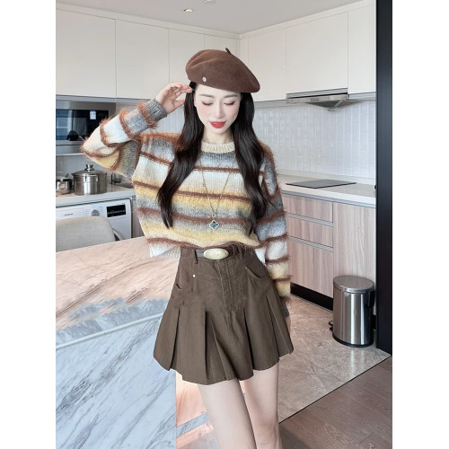 漸變撞色條紋短款毛衣女秋冬季2023新款套頭寬松慵懶風針織衫上衣 漸變撞色條紋短款毛衣女秋冬季2023新款套頭寬松慵懶風針織衫上衣